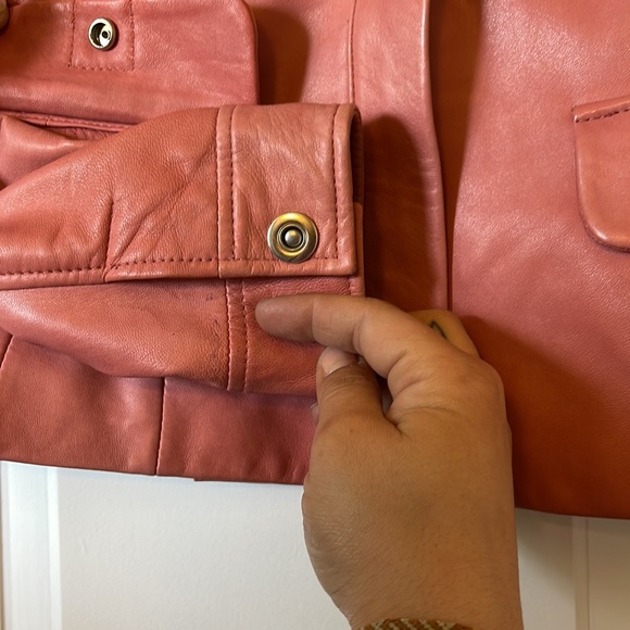 Danier pink leather jacket.  Lightly worn.    Marks as detailed in photos.  XS - Picture 4 of 9